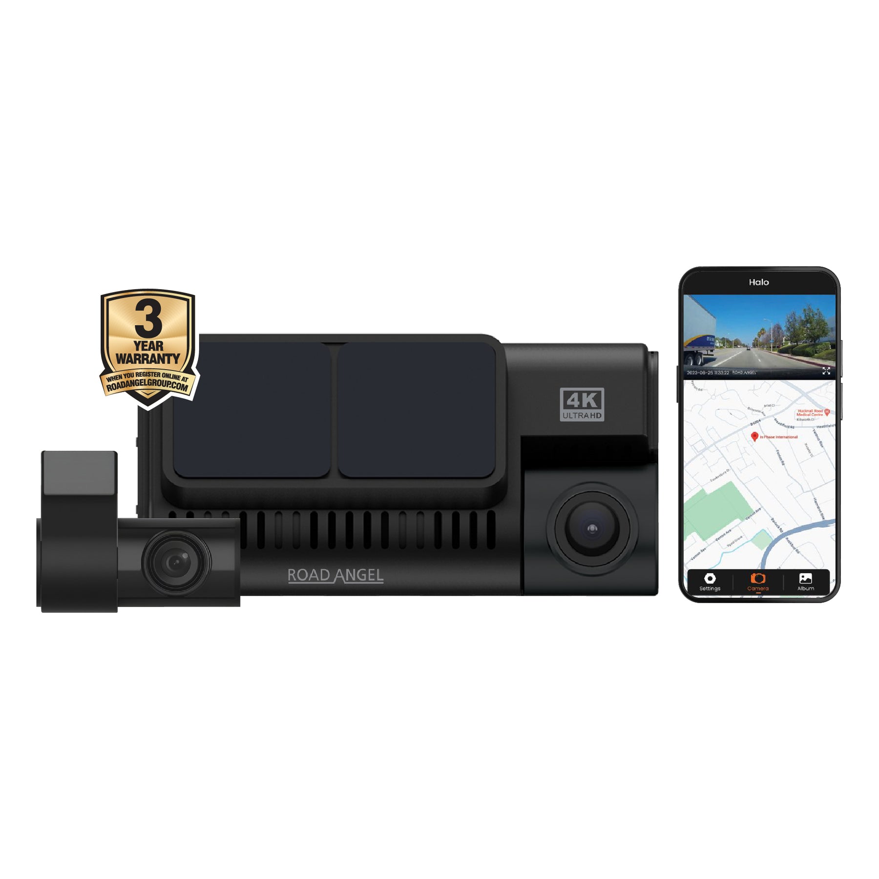 New- Road Angel Halo Ultima 4K Dual Dash Cam with Parking Mode & Quick Release mounting