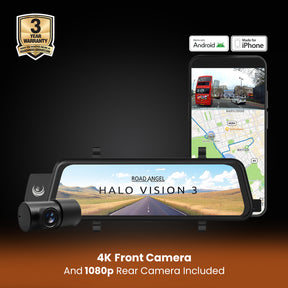 New - Halo Vision 3 4K – 2160p & 1080p Front & Rear Anti-Glare Mirror Dash Cam with integrated 10 inch LCD touchscreen